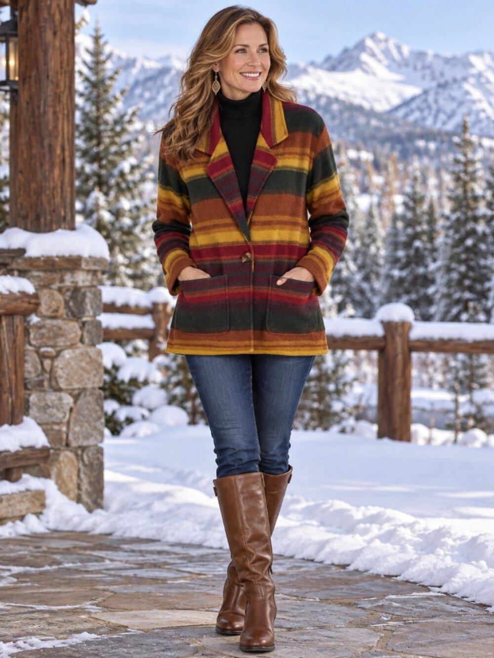 PASTA Coat Tunic Length Button-Up Fleece Red, Yellow, Etc. Striped M